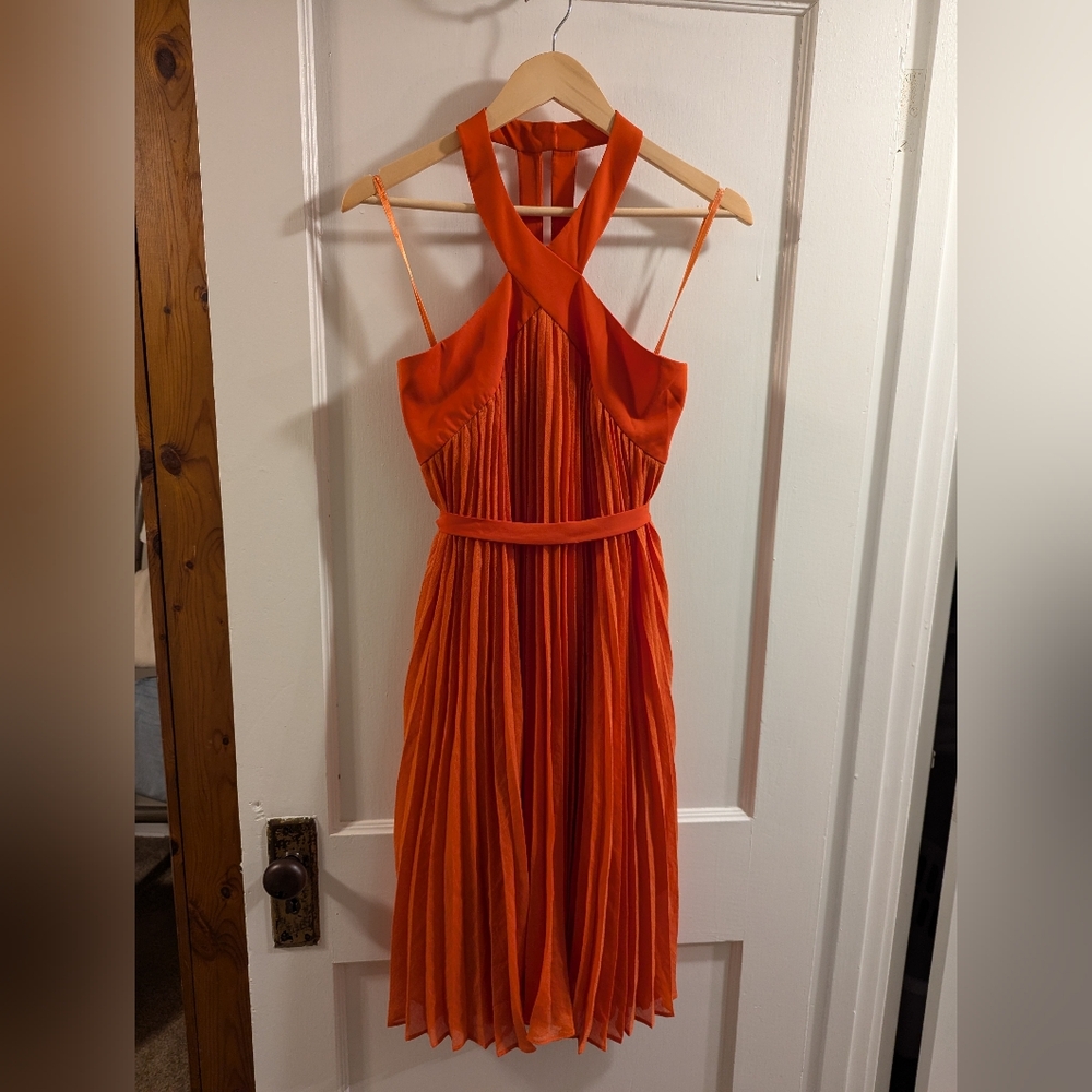 BCBGMAXAZRIA Eloise Pleated Halter Dress, Orange, Size 0